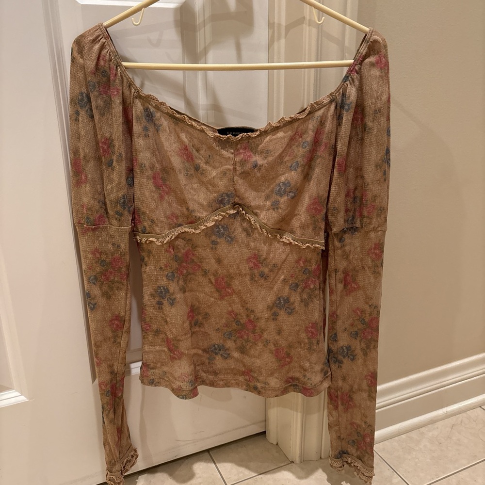 Express Floral Off-Shoulder Blouse - Brown and Pink